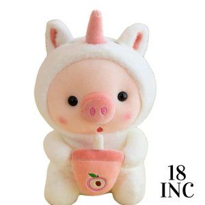 Cute BOBA Drink Pig Plush Pillow Pig Dressed Up as UNICORN18 INCH